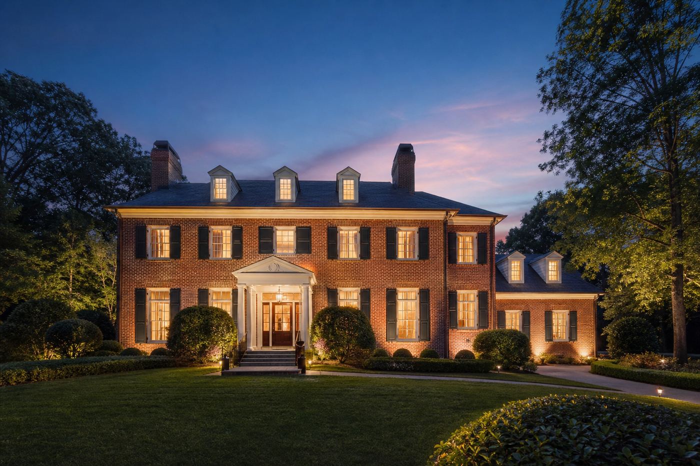 Elegant Atlanta-area home exterior at dusk